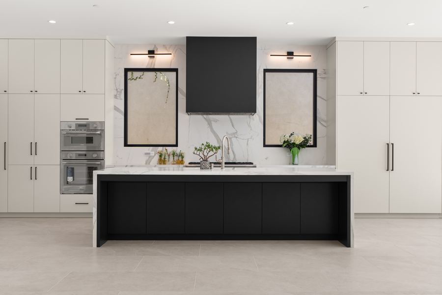 Custom kitchen remodel marble island steel hood Manhattan Beach
