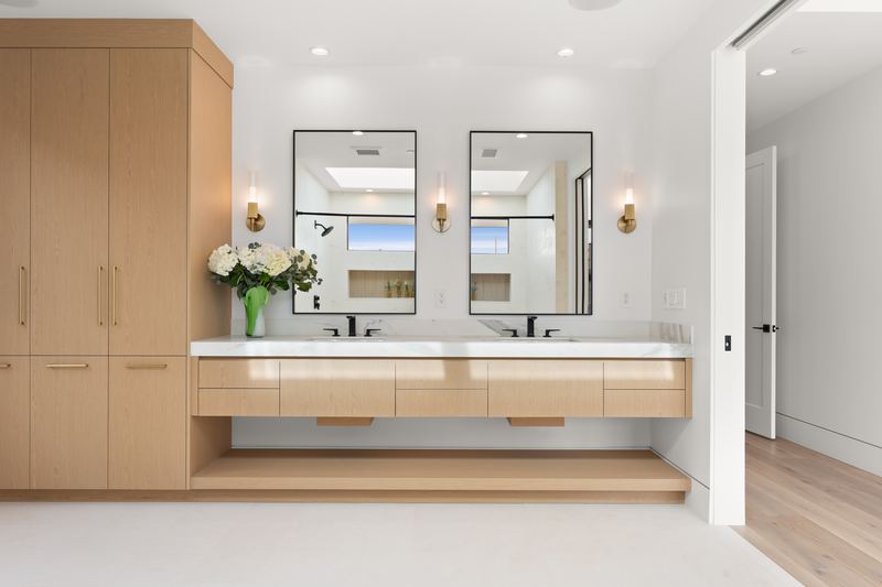 Primary bathroom remodel floating vanity custom tile Manhattan Beach